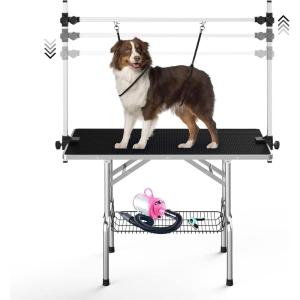 Lyromix Dog Grooming Table, Adjustable Large Pet Drying Desktop, Foldable Bathing Desk with Arms, Noose, Mesh Tray, Maximum Capacity Up to 330Lb(Bright Black)