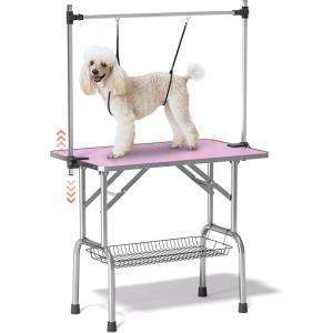 Lyromix Dog Grooming Table, Adjustable Large Pet Drying Desktop, Foldable Bathing Desk with Arms, Noose, Mesh Tray, Maximum Capacity Up to 330Lb(Pink)