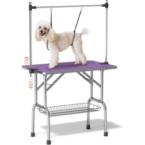 Lyromix Dog Grooming Table, Adjustable Large Pet Drying Desktop, Foldable Bathing Desk with Arms, Noose, Mesh Tray, Maximum Capacity Up to 330Lb(Purple)