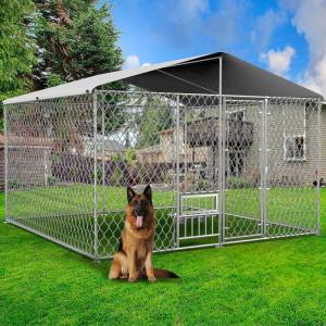 Lyromix Dog Kennel Outdoor with Roof and Openable Feeding Doors, Large Dog House Pen Enclosure Heavy Duty Chain Link Dog Kennel with Bowl Holder and Bowls, 10× 10 × 7FT