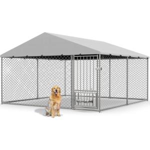 Lyromix Dog Kennel Outdoor with Roof and Rotating Feeding Doors, Large Dog House Pen Enclosure Heavy Duty Chain Link Dog Kennel with Bowl Holder and Bowls, 10×10×5FT