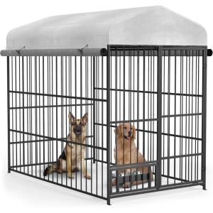 Lyromix Dog Kennel Outdoor with Waterproof Roof and Rotating Feeding Doors, Outdoor Dog Kennel Playpen Crate with Secure Lock and Bowls, Large Heavy Duty Welded Wire Dogs Run Enclosure, 6.6’×3.9’×5.9′