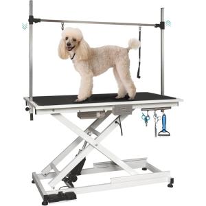 Lyromix Electric Dog Grooming Table, Height Adjustable Large Pet Drying Desktop, Foldable Bathing Desk with Overhead Arm, Clamps & 2 Nooses, Maximum Capacity Up to 440Lbs, 50in, White
