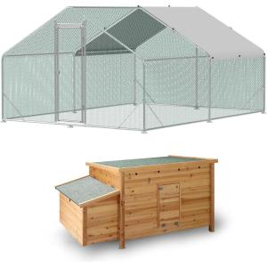 Lyromix Large Metal Chicken Coop Run, Walk-in Poultry Cage Chicken Runs House for Yard with Waterproof Cover, Ducks Rabbits Habitat Cage Spire Shaped Coop (10’L x 6.6’W x 6.56’H), Silver(9.7’L x 12.7’W x 6.4’H)