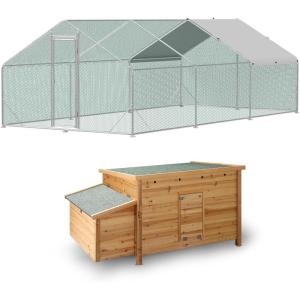 Lyromix Large Metal Chicken Coop Run, Walk-in Poultry Cage Chicken Runs House for Yard with Waterproof Cover, Ducks Rabbits Habitat Cage Spire Shaped Coop (10’L x 6.6’W x 6.56’H), Silver(9.7’L x 19.5’W x 6.4’H)