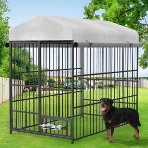 Lyromix Large Outdoor Dog Kennel with Bowls and 360° Rotating Feeding Door, Heavy Duty Dog Kennel Playpen with Waterproof Roof Cover and Secure Lock, Dog Run Enclosure with 3 Sidewalls, 6.6’×3.9’×5.9′