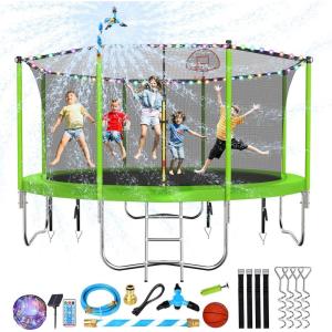 Lyromix Upgraded 10/12/14/15/16FT Trampoline with Light, Stakes, Sprinkler, Basketball Hoop and Net, Capacity for 4-6 Kids and Adults(Apple Green)