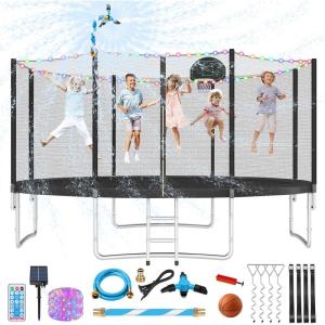 Lyromix Upgraded 10/12/14/15/16FT Trampoline with Light, Stakes, Sprinkler, Basketball Hoop and Net, Capacity for 4-6 Kids and Adults(Black)