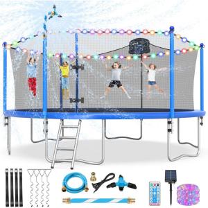 Lyromix Upgraded 10/12/14/15/16FT Trampoline with Light, Stakes, Sprinkler, Basketball Hoop and Net, Capacity for 4-6 Kids and Adults(Classic Blue)