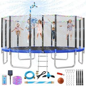 Lyromix Upgraded 10/12/14/15/16FT Trampoline with Light, Stakes, Sprinkler, Basketball Hoop and Net, Capacity for 4-6 Kids and Adults(Dark Blue)