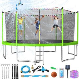 Lyromix Upgraded 10/12/14/15/16FT Trampoline with Light, Stakes, Sprinkler, Basketball Hoop and Net, Capacity for 4-6 Kids and Adults(Ice Green)