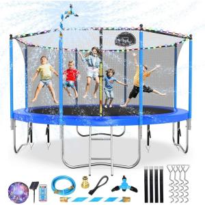 Lyromix Upgraded 10/12/14/15/16FT Trampoline with Light, Stakes, Sprinkler, Basketball Hoop and Net, Capacity for 4-6 Kids and Adults(Light Blue)
