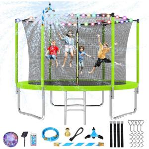 Lyromix Upgraded 10/12/14/15/16FT Trampoline with Light, Stakes, Sprinkler, Basketball Hoop and Net, Capacity for 4-6 Kids and Adults(Lime Green)