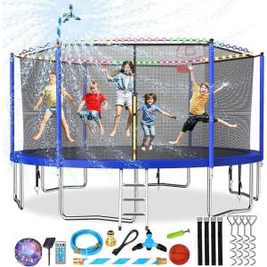 Lyromix Upgraded 10/12/14/15/16FT Trampoline with Light, Stakes, Sprinkler, Basketball Hoop and Net, Capacity for 4-6 Kids and Adults(Midnight Blue)