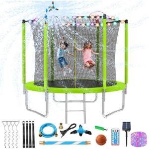 Lyromix Upgraded 10/12/14/15/16FT Trampoline with Light, Stakes, Sprinkler, Basketball Hoop and Net, Capacity for 4-6 Kids and Adults(Moss Green)