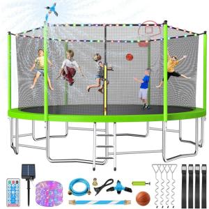 Lyromix Upgraded 10/12/14/15/16FT Trampoline with Light, Stakes, Sprinkler, Basketball Hoop and Net, Capacity for 4-6 Kids and Adults(Peak Green)