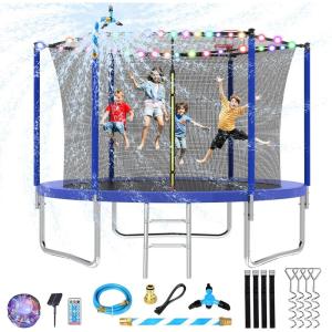 Lyromix Upgraded 10/12/14/15/16FT Trampoline with Light, Stakes, Sprinkler, Basketball Hoop and Net, Capacity for 4-6 Kids and Adults(Pure Blue)