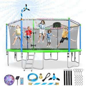 Lyromix Upgraded 10/12/14/15/16FT Trampoline with Light, Stakes, Sprinkler, Basketball Hoop and Net, Capacity for 4-6 Kids and Adults(Teal Blue)