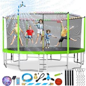 Lyromix Upgraded 16FT 15FT 14FT 12FT 10FT 8FT Trampoline Outdoor with Basketball Hoop and Net, Capacity for 4-6 Kids and Adults(Azure Green)