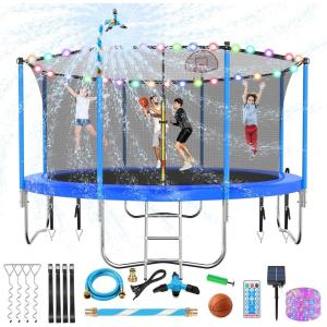 Lyromix Upgraded 16FT 15FT 14FT 12FT 10FT 8FT Trampoline Outdoor with Basketball Hoop and Net, Capacity for 4-6 Kids and Adults(Light Blue)