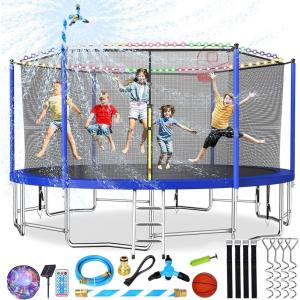 Lyromix Upgraded 16FT 15FT 14FT 12FT 10FT 8FT Trampoline Outdoor with Basketball Hoop and Net, Capacity for 4-6 Kids and Adults(Navy Blue)