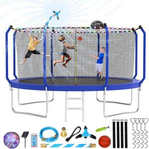 Lyromix Upgraded Trampoline 8FT/10FT/12FT/14FT With Basketball Hoop, Light, Sprinkler, Stakes – Outdoor Backyard for 4-6 Kids and Adults(Navy Blue)