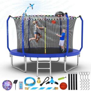 Lyromix Upgraded Trampoline 8FT/10FT/12FT/14FT With Basketball Hoop, Light, Sprinkler, Stakes – Outdoor Backyard for 4-6 Kids and Adults(Ocean Blue)