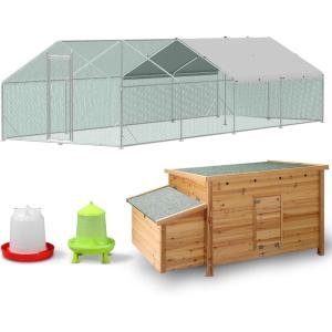Lyromix Large Metal Chicken Coop with Run,Walk-in Poultry Cage Chicken Runs House for Yard with Waterproof Cover,Chicken Pens Habitat Cage Spire Shaped Coop for Outdoor Farm Use(9.7’L x 6.2’W x 6.4’H)(9.7’L x 25.9’W x 6.4’H)