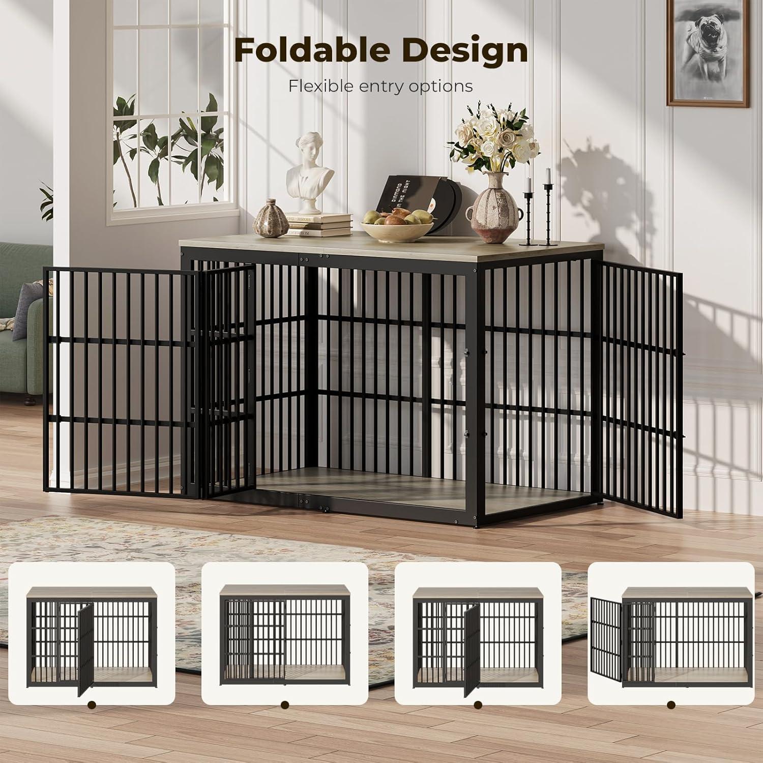 imageLyromix 54quot Dog Crate Furniture with Foldable Door XXL Dog Crates for Large Dogs Wooden Decorative Dog Cage Kennel Indoor End Table Rustic BrownGrey