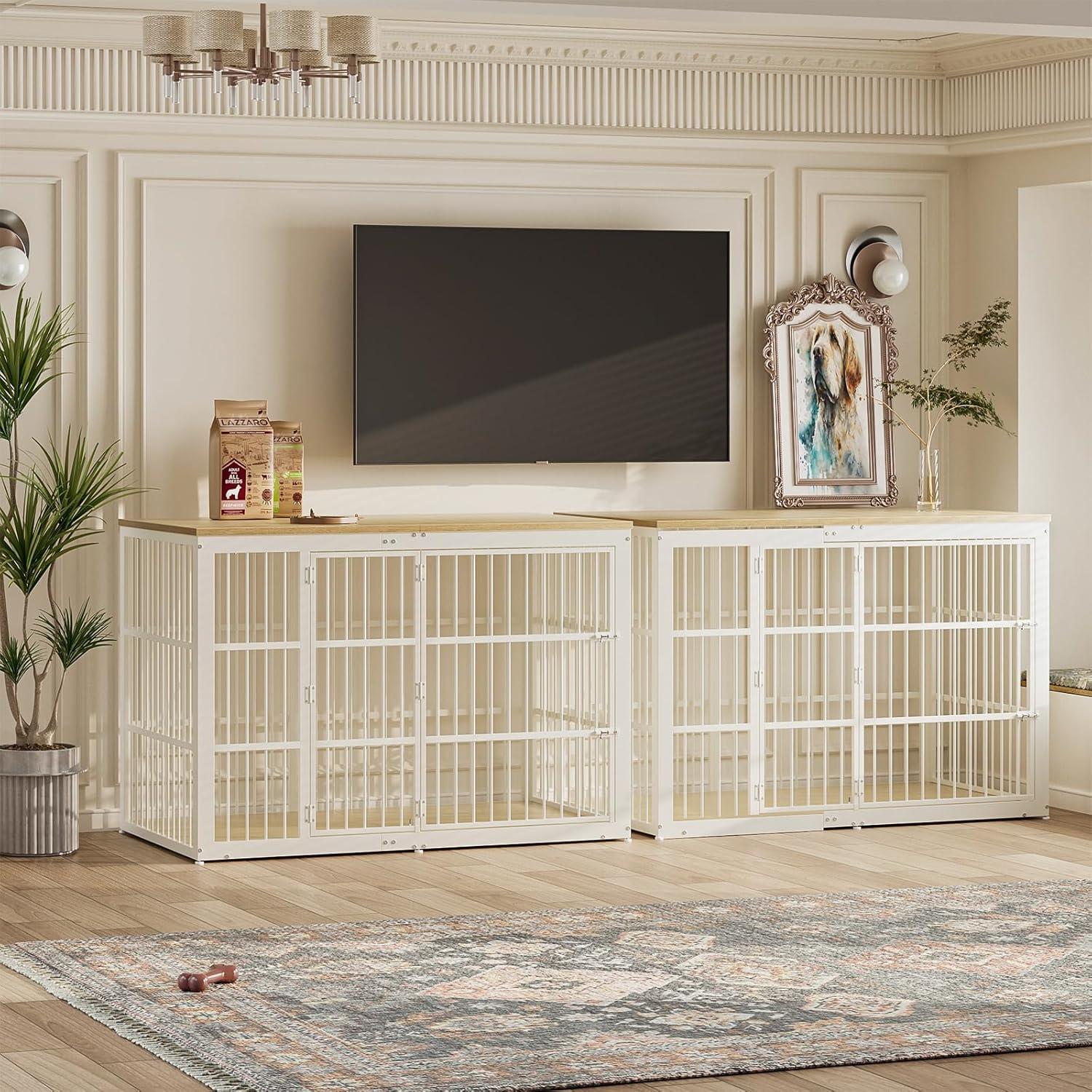 imageLyromix 54quot Dog Crate Furniture with Foldable Door XXL Dog Crates for Large Dogs Wooden Decorative Dog Cage Kennel Indoor End Table Rustic BrownNatural Beech