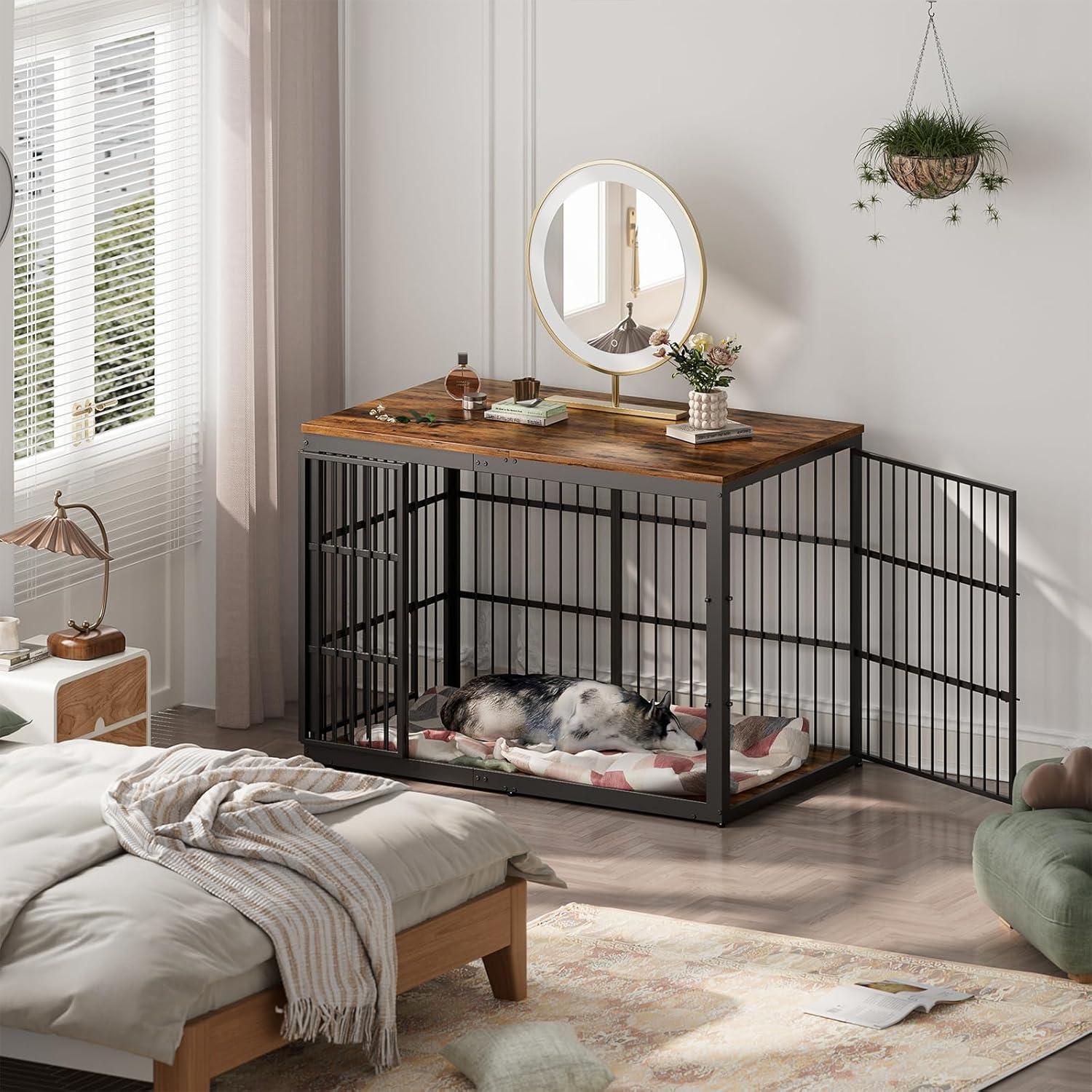 imageLyromix 54quot Dog Crate Furniture with Foldable Door XXL Dog Crates for Large Dogs Wooden Decorative Dog Cage Kennel Indoor End Table Rustic BrownRustic Brown