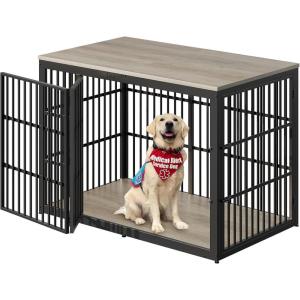 Lyromix 54″ Dog Crate Furniture with Foldable Door, XXL Dog Crates for Large Dogs, Wooden Decorative Dog Cage Kennel Indoor End Table, Rustic Brown(Grey)