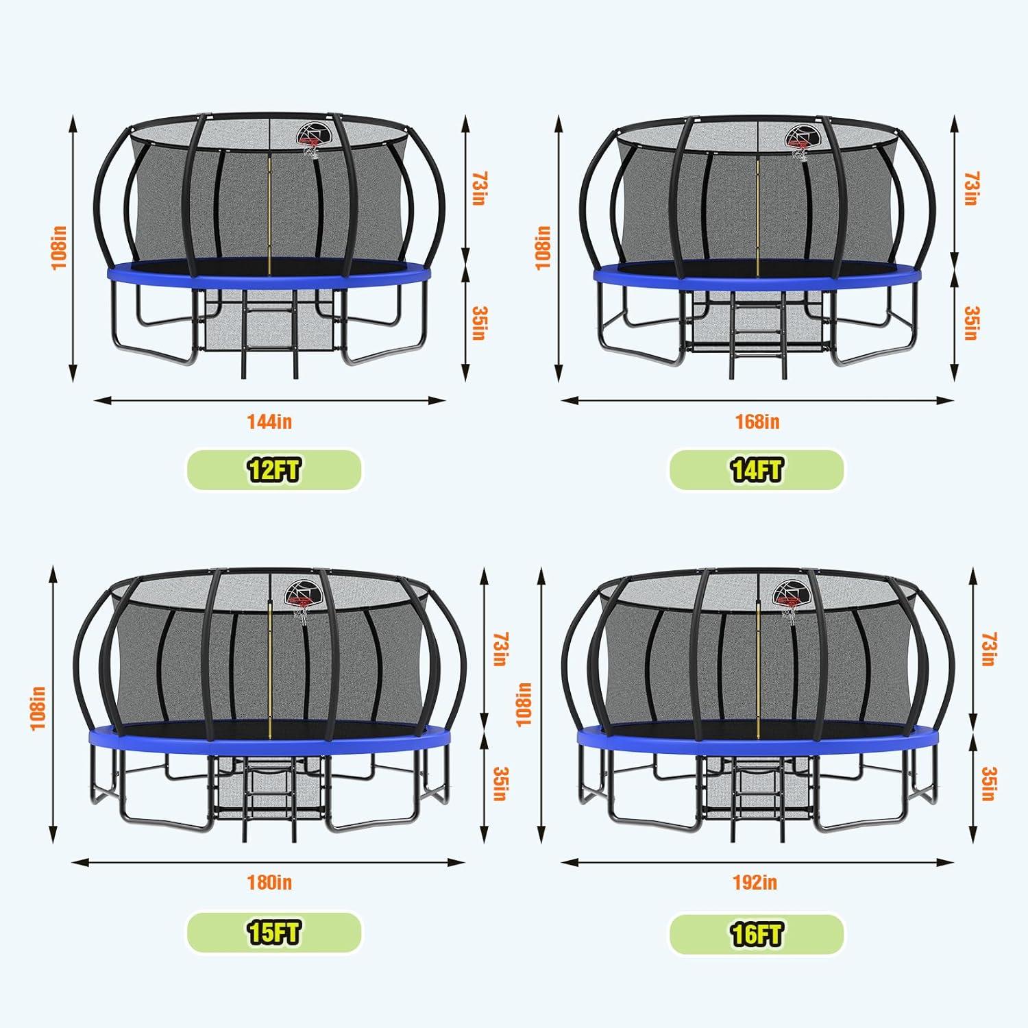 imageLyromix 12 14 15 16FT Trampoline Outdoor with Basketball Hoop Trampoline with Lights for Kids and Adults Recreational Trampolin with Sprinkler StakesBlue