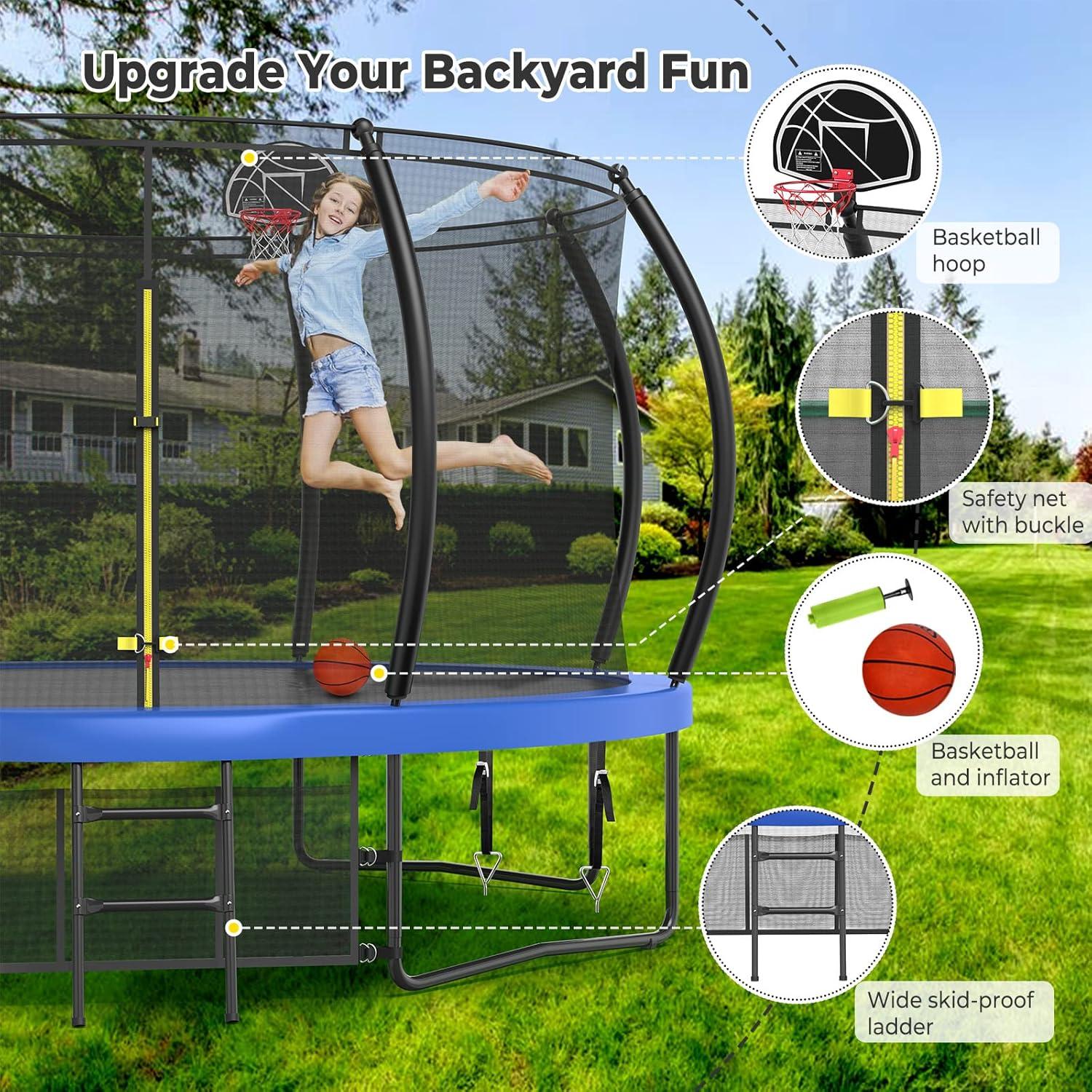 imageLyromix 12 14 15 16FT Trampoline Outdoor with Basketball Hoop Trampoline with Lights for Kids and Adults Recreational Trampolin with Sprinkler StakesBlue