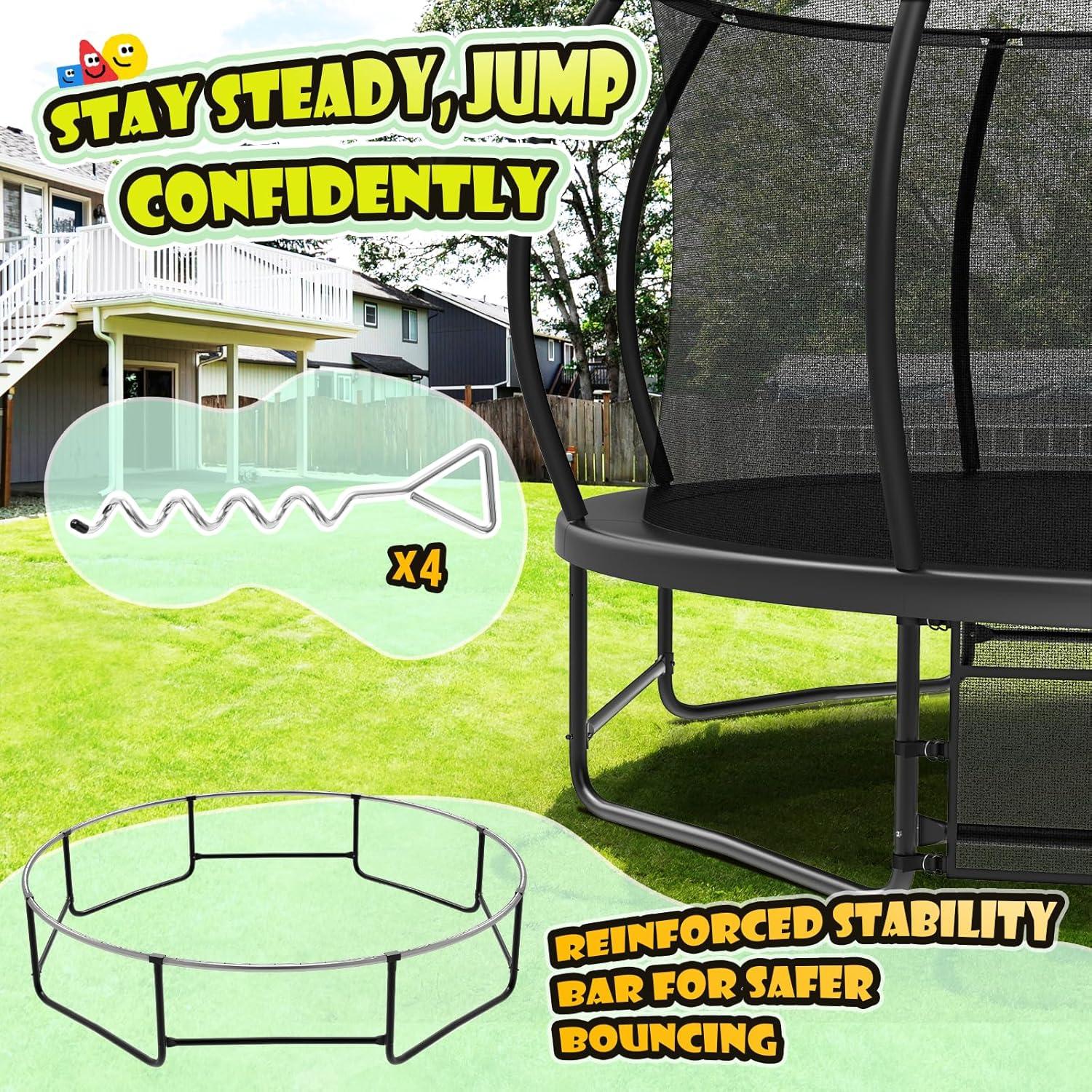 imageLyromix 12 14 15 16FT Trampoline Outdoor with Basketball Hoop Trampoline with Lights for Kids and Adults Recreational Trampolin with Sprinkler StakesBlack