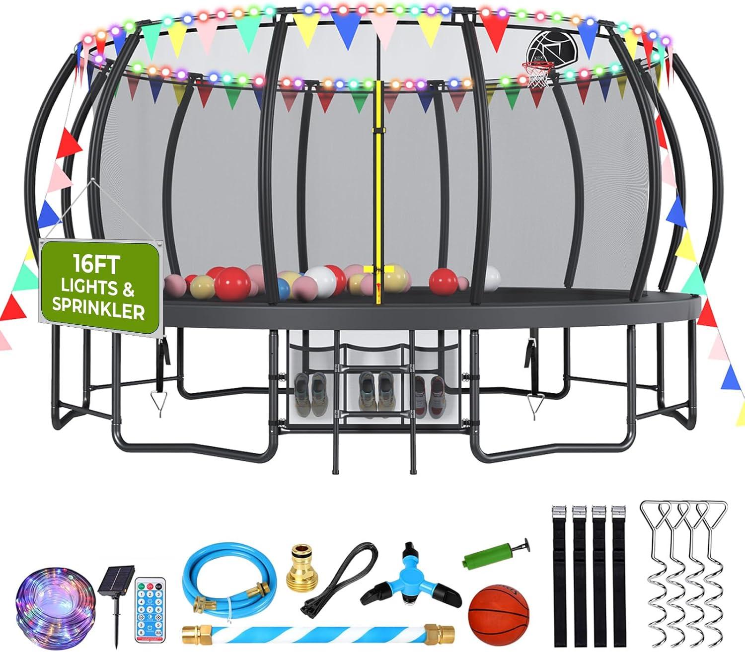 imageLyromix 12 14 15 16FT Trampoline Outdoor with Basketball Hoop Trampoline with Lights for Kids and Adults Recreational Trampolin with Sprinkler StakesBlack