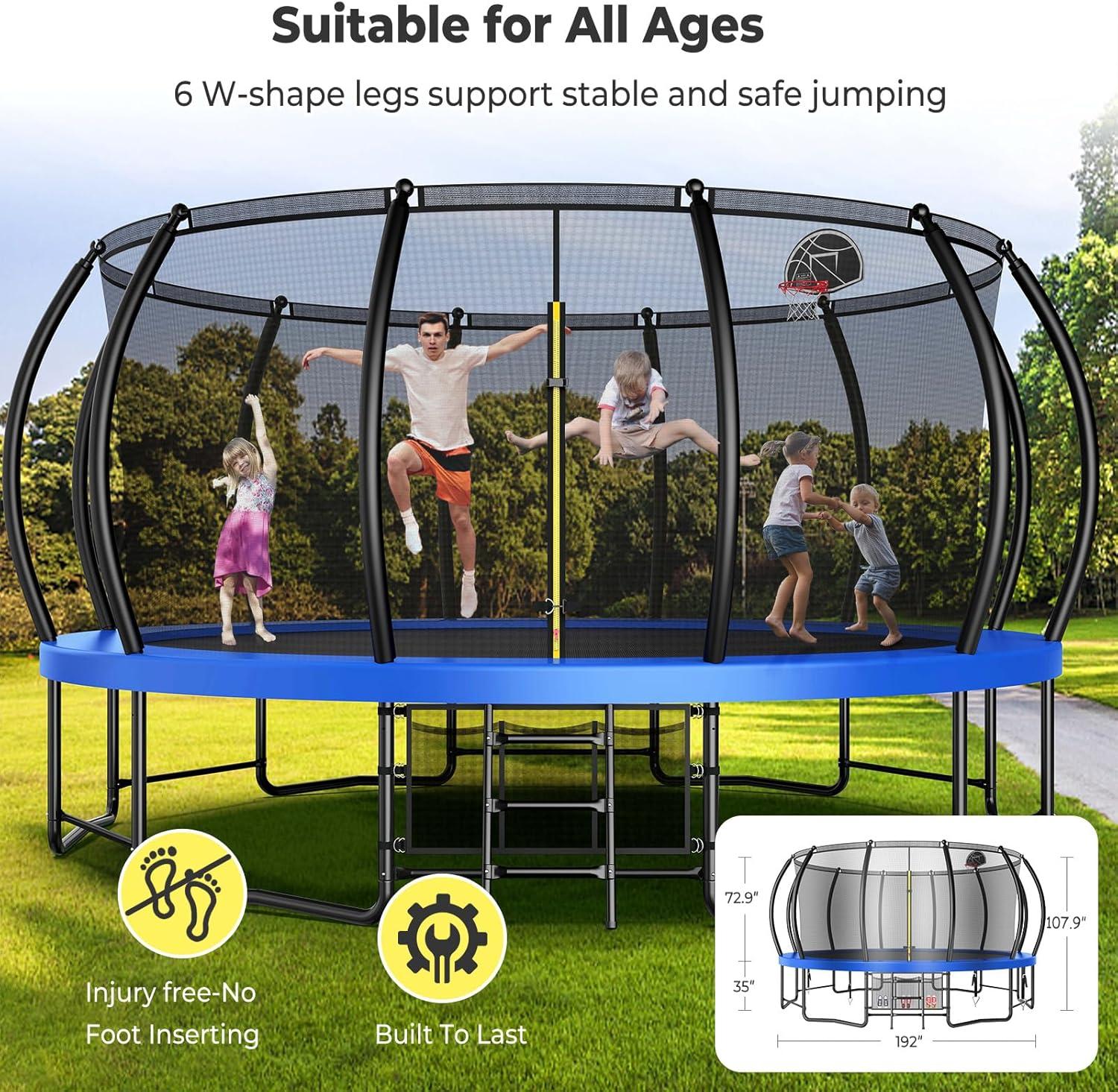 imageLyromix 12 14 15 16FT Trampoline Outdoor with Basketball Hoop Trampoline with Lights for Kids and Adults Recreational Trampolin with Sprinkler StakesBlue