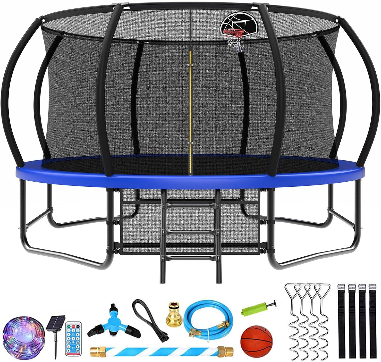 imageLyromix 12 14 15 16FT Trampoline Outdoor with Basketball Hoop Trampoline with Lights for Kids and Adults Recreational Trampolin with Sprinkler StakesBlue