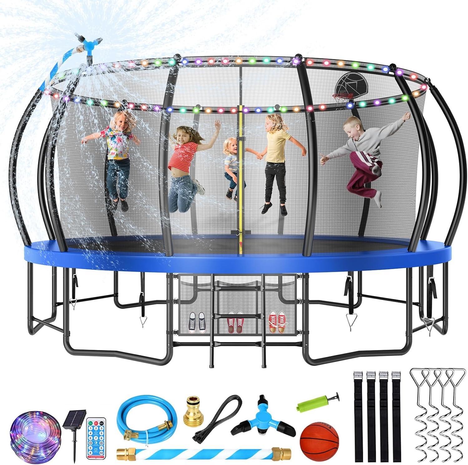 imageLyromix 12 14 15 16FT Trampoline Outdoor with Basketball Hoop Trampoline with Lights for Kids and Adults Recreational Trampolin with Sprinkler StakesBlue