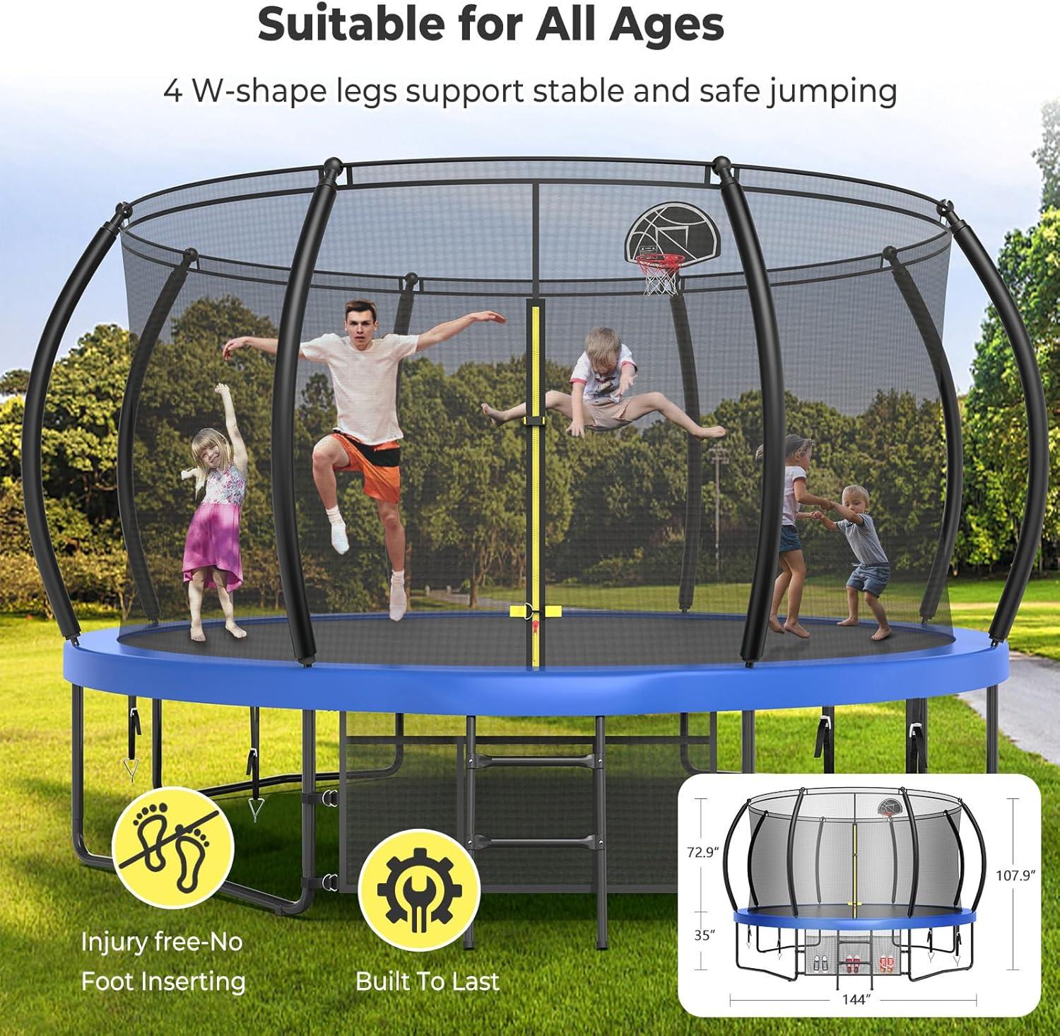 imageLyromix 12 14 15 16FT Trampoline Outdoor with Basketball Hoop Trampoline with Lights for Kids and Adults Recreational Trampolin with Sprinkler StakesBlue