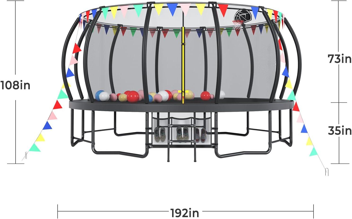 imageLyromix 12 14 15 16FT Trampoline Outdoor with Basketball Hoop Trampoline with Lights for Kids and Adults Recreational Trampolin with Sprinkler StakesBlack