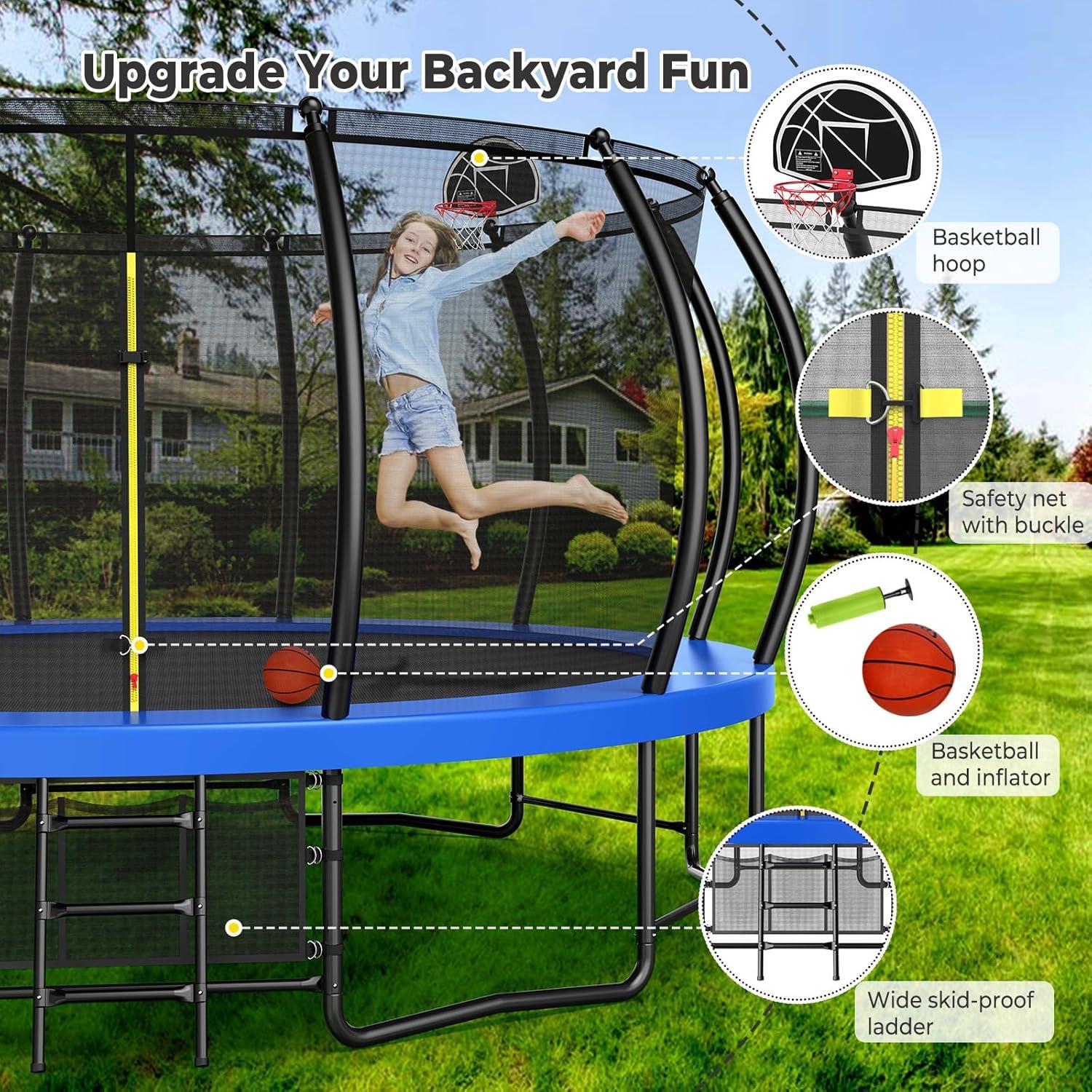 imageLyromix 12 14 15 16FT Trampoline Outdoor with Basketball Hoop Trampoline with Lights for Kids and Adults Recreational Trampolin with Sprinkler StakesBlue