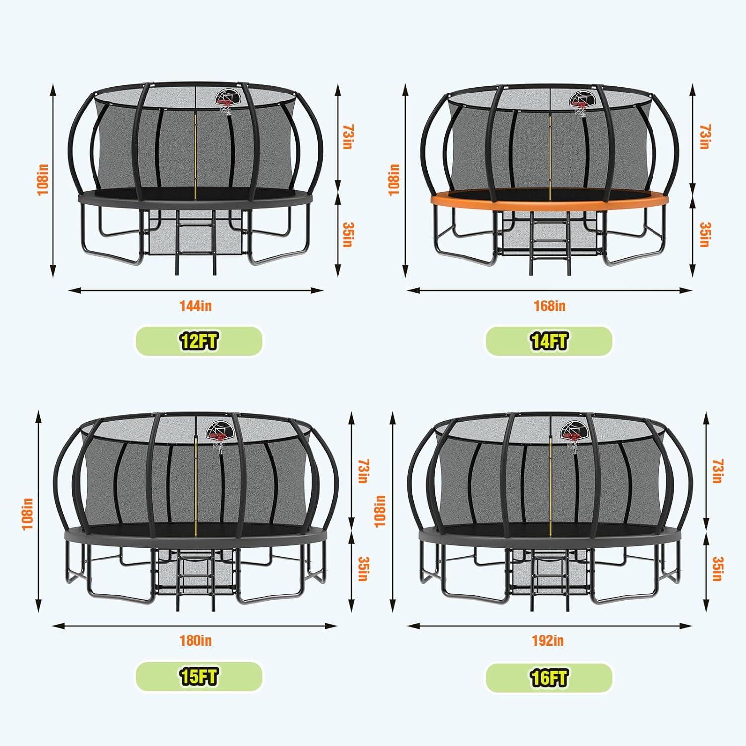 imageLyromix 12 14 15 16FT Trampoline Outdoor with Basketball Hoop Trampoline with Lights for Kids and Adults Recreational Trampolin with Sprinkler StakesBlack