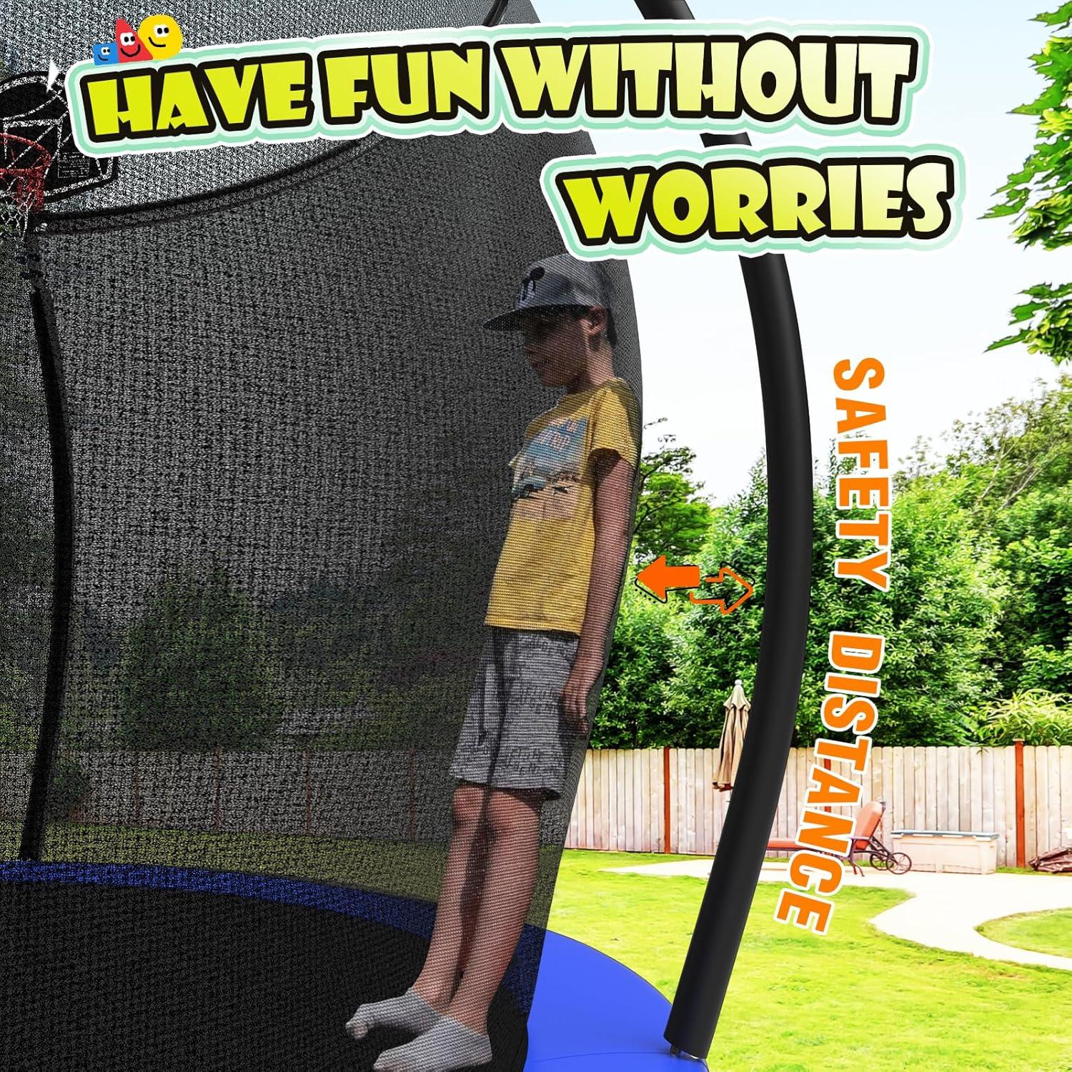 imageLyromix 12 14 15 16FT Trampoline Outdoor with Basketball Hoop Trampoline with Lights for Kids and Adults Recreational Trampolin with Sprinkler StakesBlue