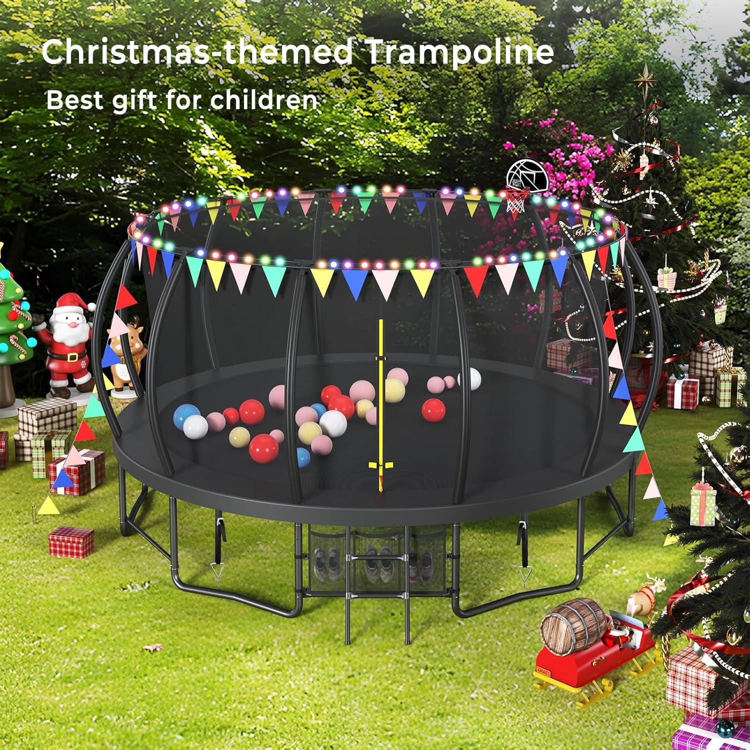 imageLyromix 12 14 15 16FT Trampoline Outdoor with Basketball Hoop Trampoline with Lights for Kids and Adults Recreational Trampolin with Sprinkler StakesBlack