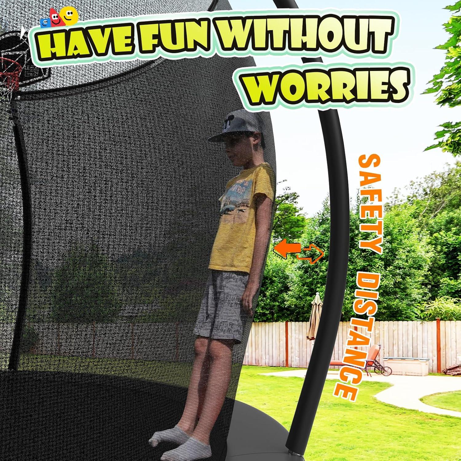 imageLyromix 12 14 15 16FT Trampoline Outdoor with Basketball Hoop Trampoline with Lights for Kids and Adults Recreational Trampolin with Sprinkler StakesBlack