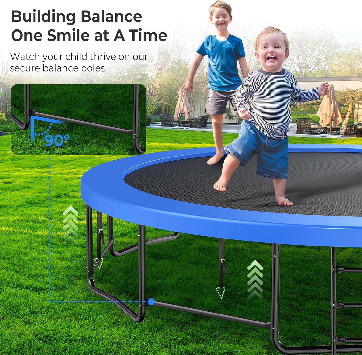 imageLyromix 12 14 15 16FT Trampoline Outdoor with Basketball Hoop Trampoline with Lights for Kids and Adults Recreational Trampolin with Sprinkler StakesBlue