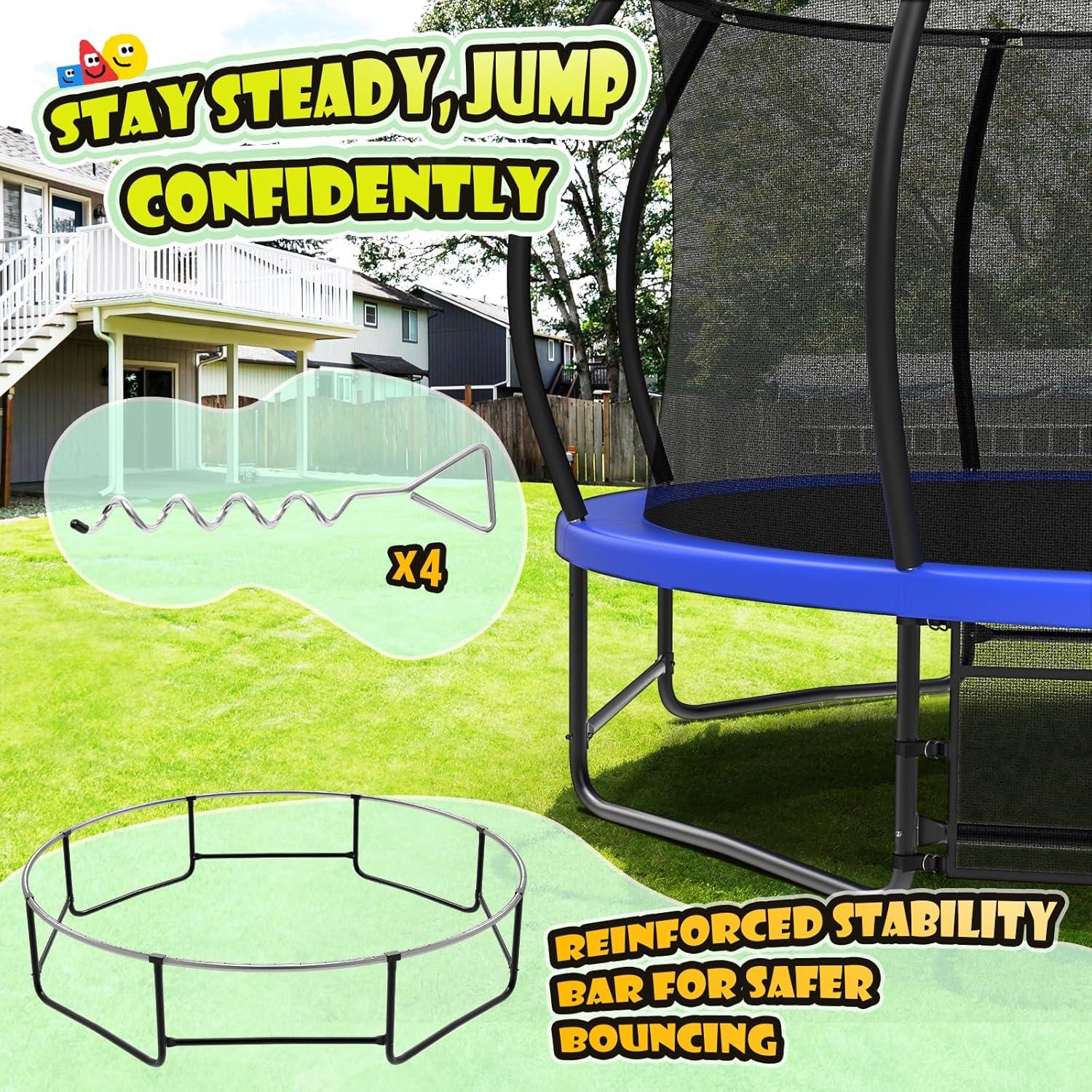 imageLyromix 12 14 15 16FT Trampoline Outdoor with Basketball Hoop Trampoline with Lights for Kids and Adults Recreational Trampolin with Sprinkler StakesBlue