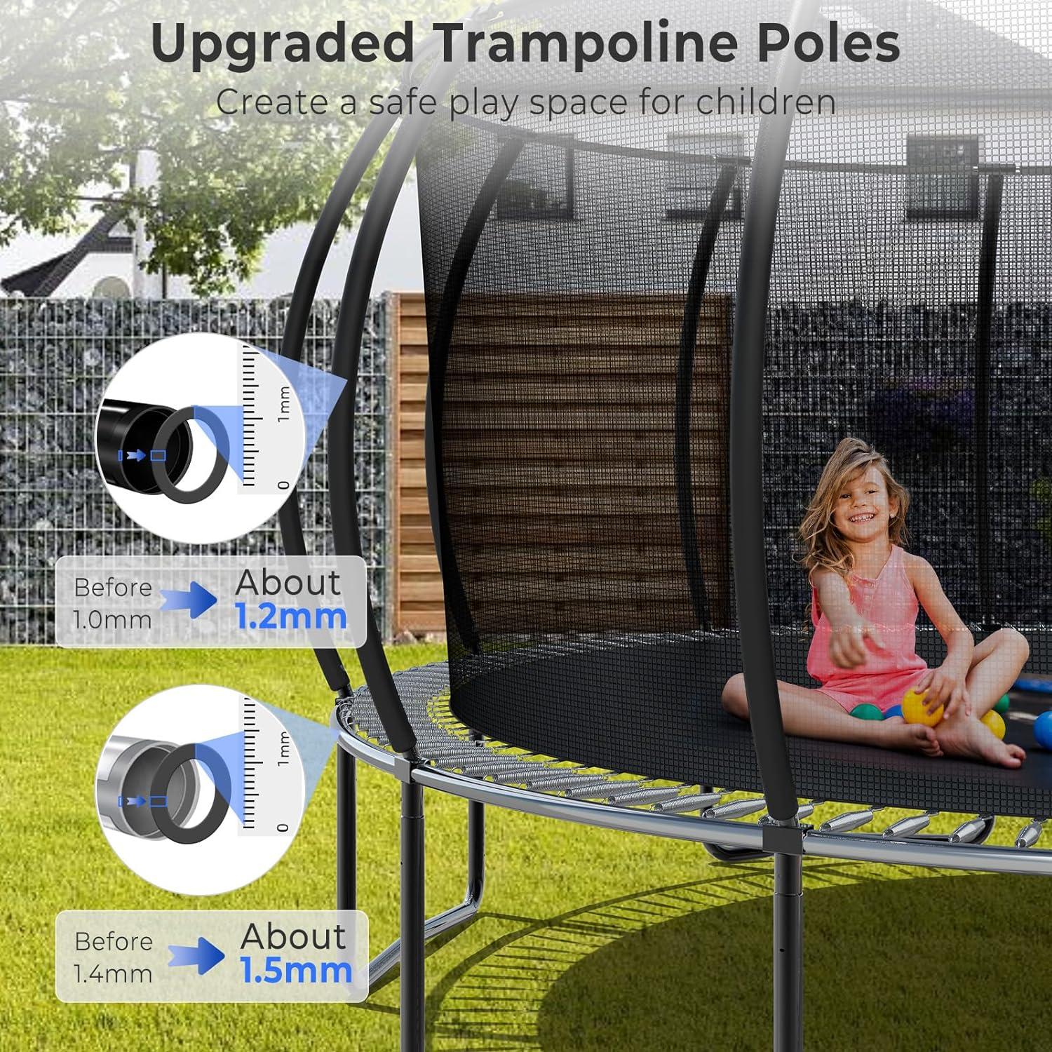 imageLyromix 12 14 15 16FT Trampoline Outdoor with Basketball Hoop Trampoline with Lights for Kids and Adults Recreational Trampolin with Sprinkler StakesBlue