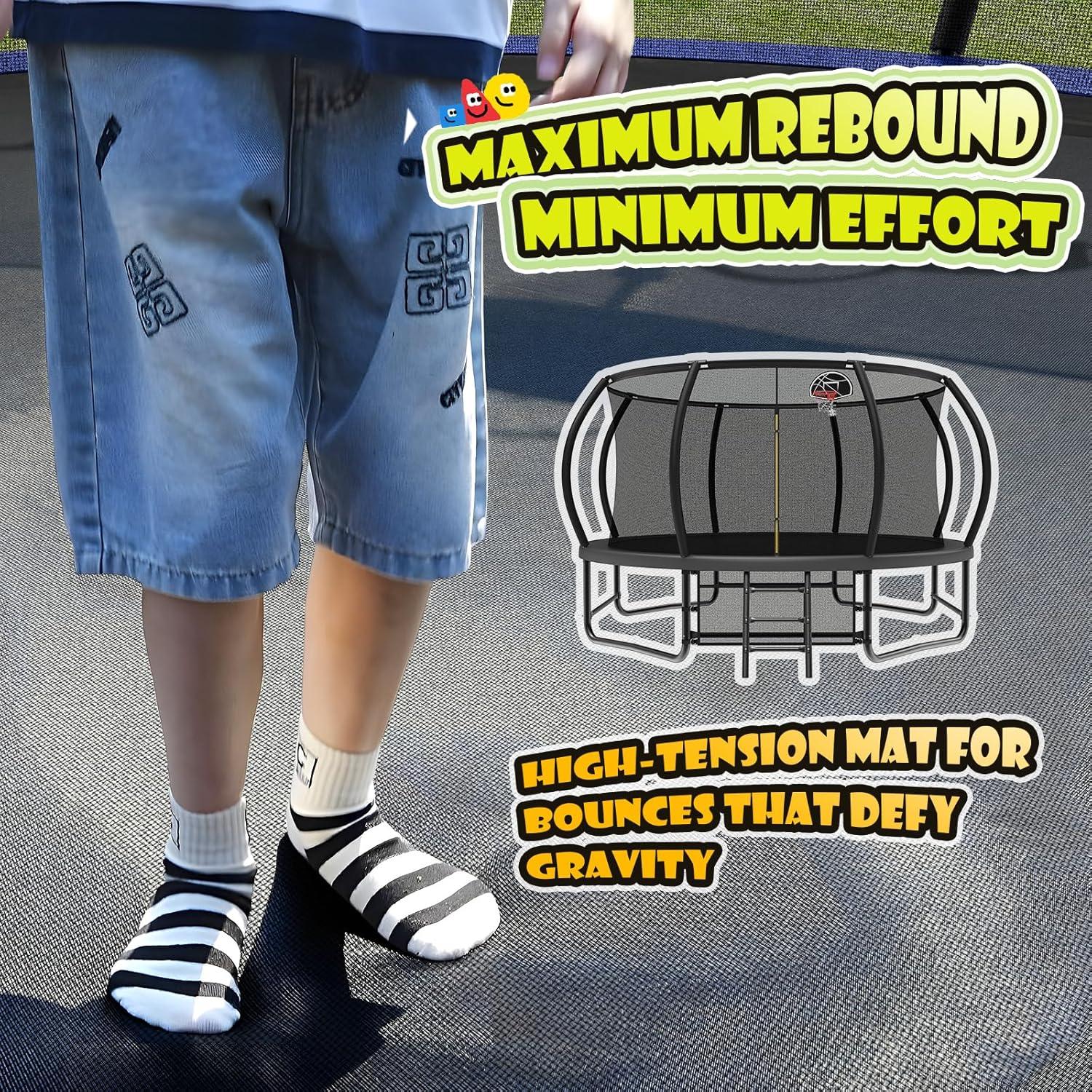 imageLyromix 12 14 15 16FT Trampoline Outdoor with Basketball Hoop Trampoline with Lights for Kids and Adults Recreational Trampolin with Sprinkler StakesBlack